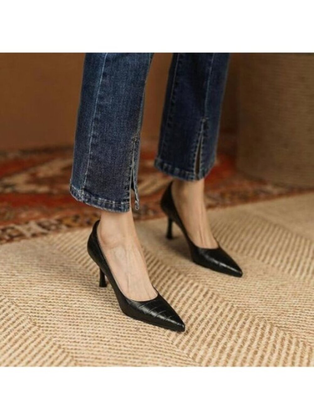 FOWT Black Croc-Embossed Pointed Toe Pumps for Women Dressy Thin High Heels Shoe